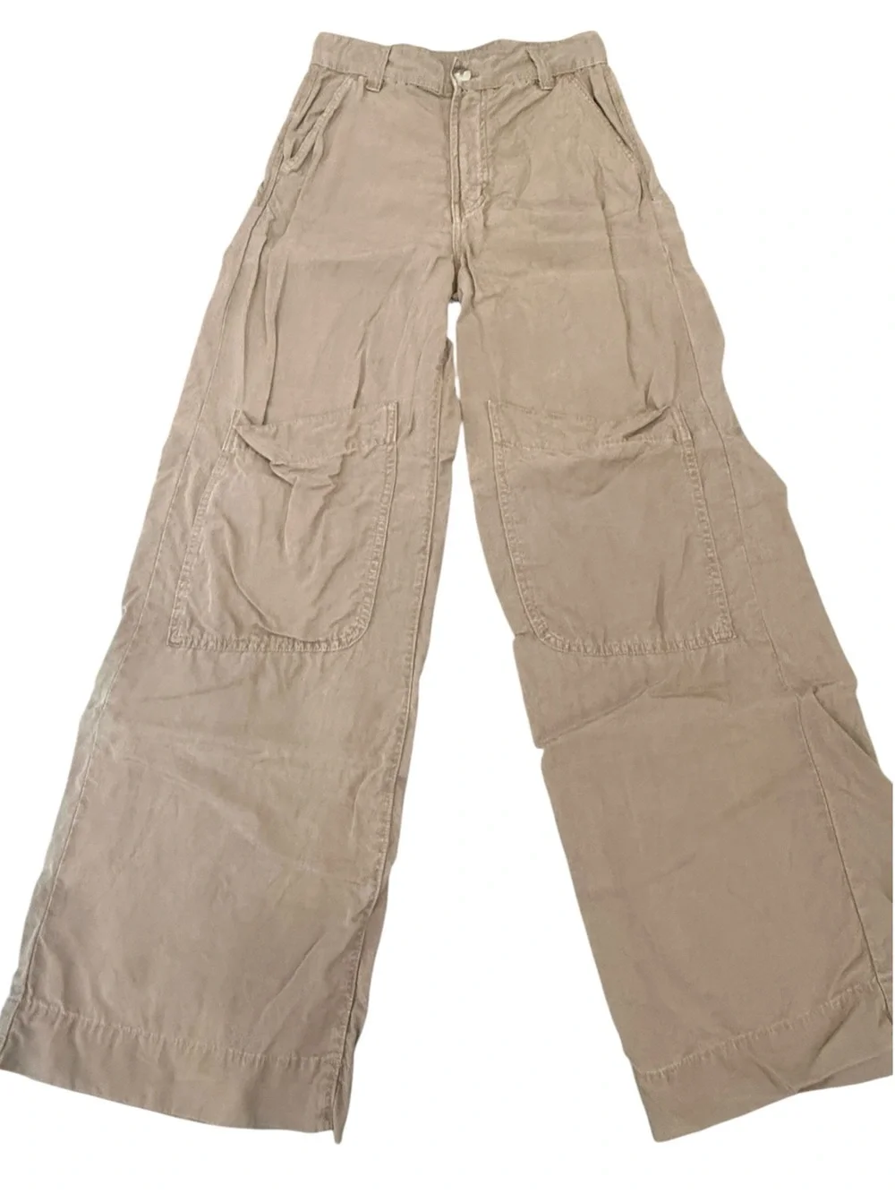 Zara Wide Leg Utility Front Knee Pocket Pant Tan Size XS 30.5” Linen-Blend